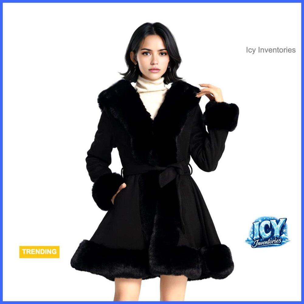 Faux Leather Faux Fur Peplum Parka Coat with Belt Slim Fit